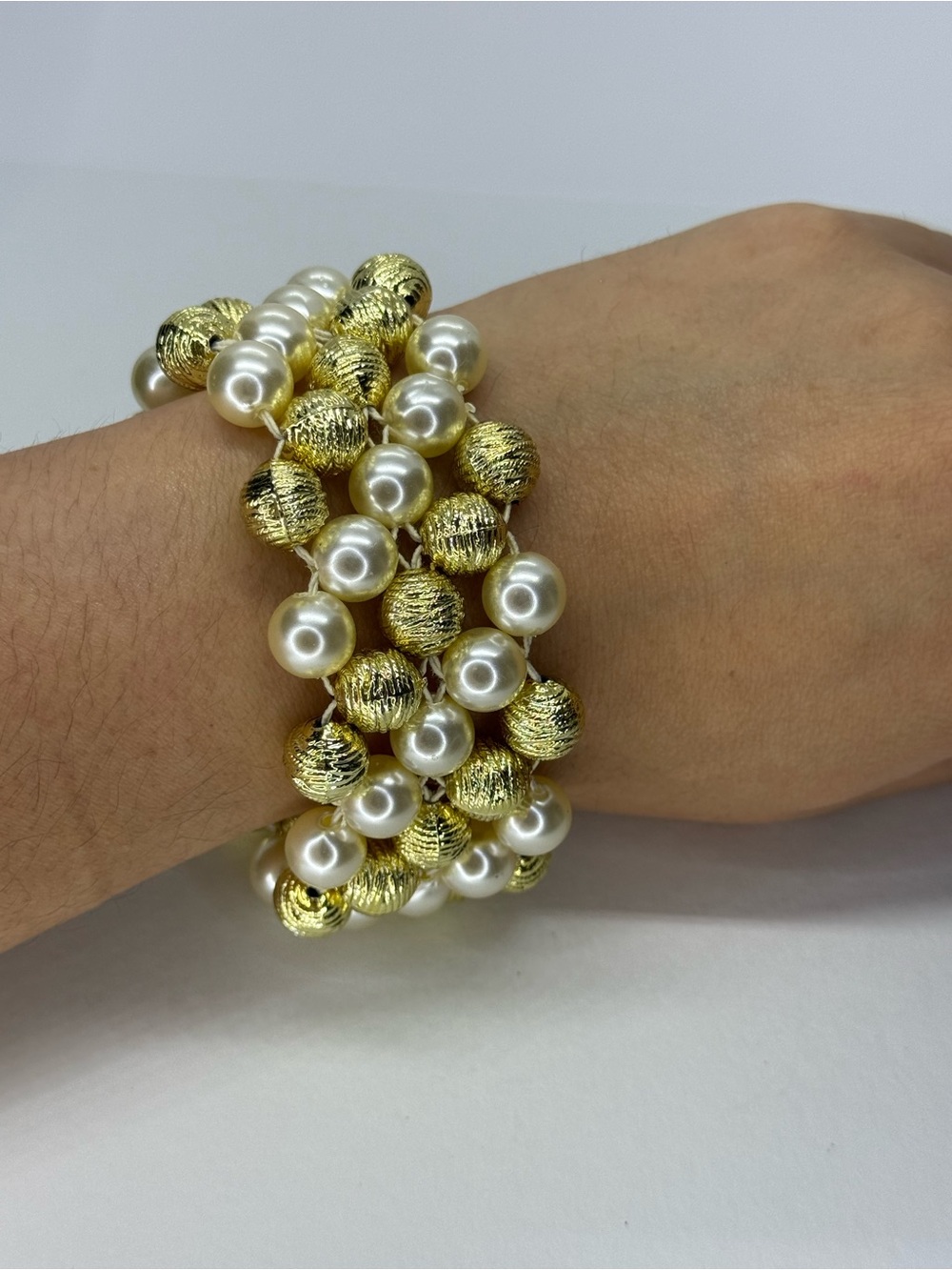 Gold and White Pearl Layered Stretch Bracelet